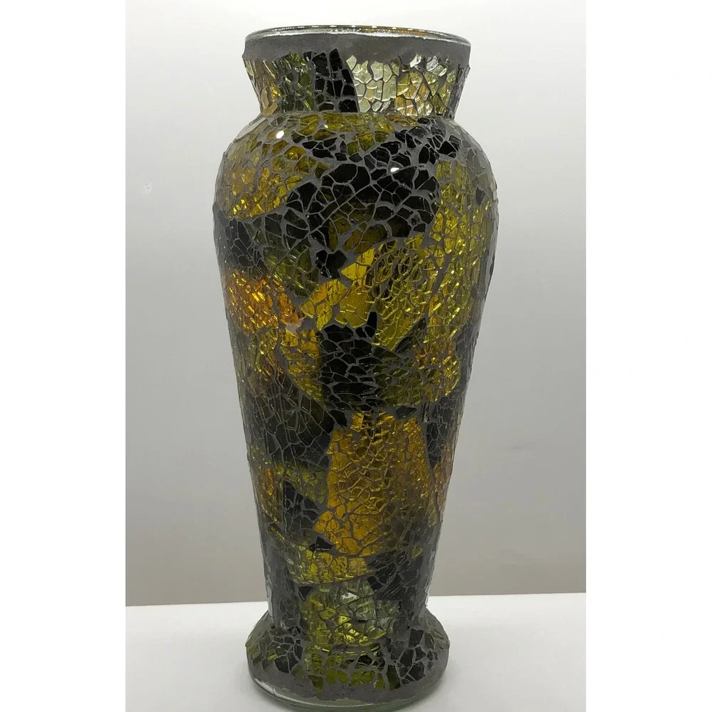 Mosaic Glass Vase Amber Gold Black Cracked Glass Decorative Centerpiece 10 Inch